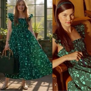 Hill House The Ellie Nap Midi Dress Emerald Green Botanical XS Dainty Holidays
